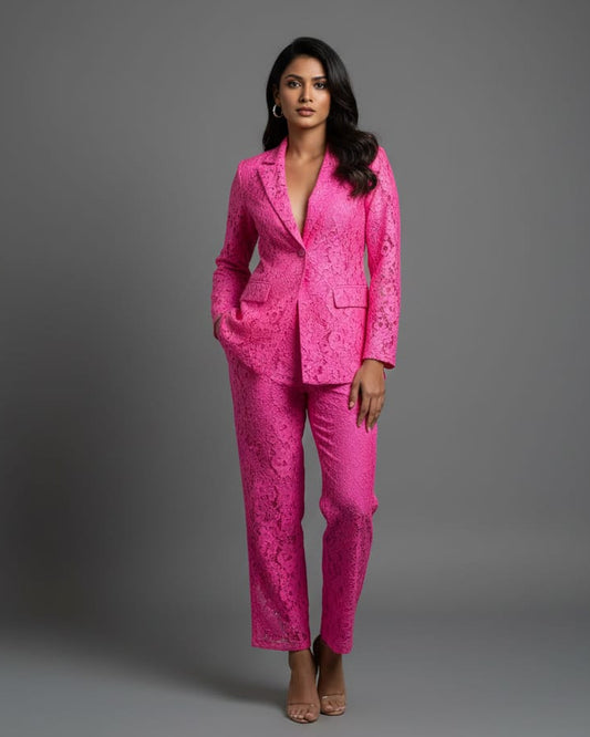 Woman wearing a bright pink suit against a gray background