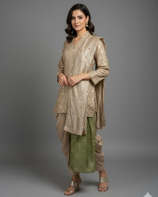Woman wearing a traditional outfit with beige top and green bottom on a gray background