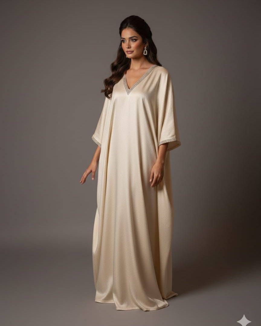 Woman wearing a beige evening gown against a gray background