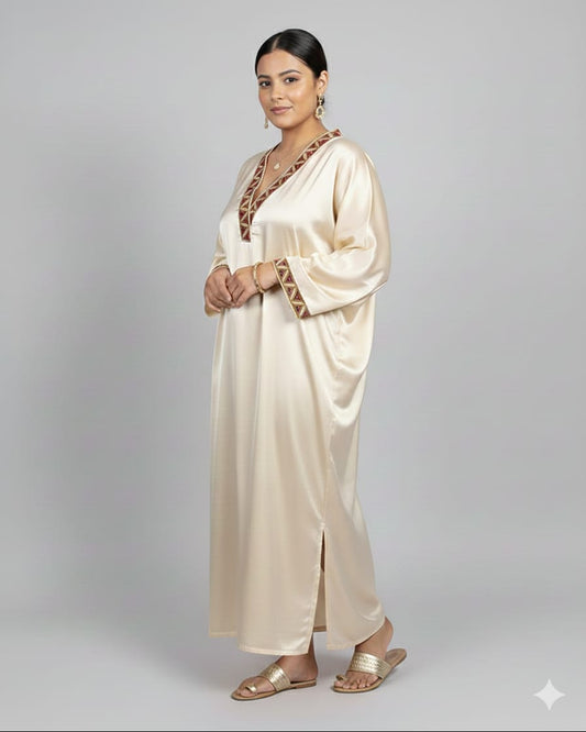 Woman wearing a long, light-colored dress with intricate detailing on a gray background