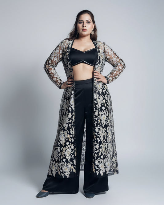 Midnight Bloom Embroidered Shrug Set