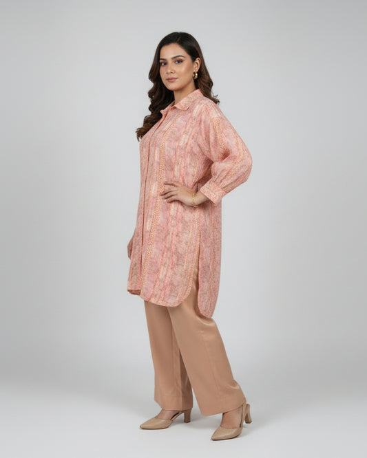 Peach Printed Kurti Set with Straight Pants – Elegant Casual Wear for Women