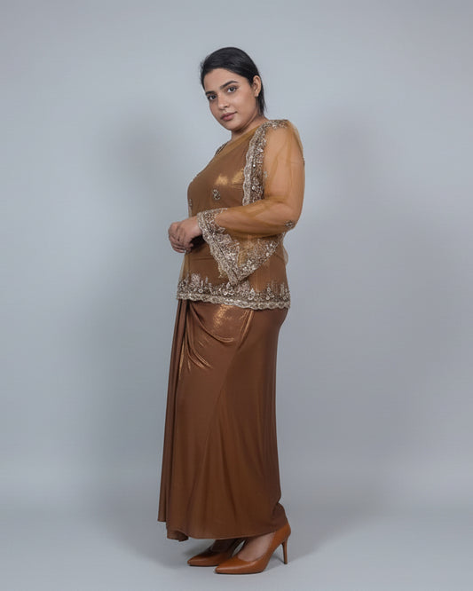 Elegant Brown Shimmer Style Dress with Embellished Net Cape
