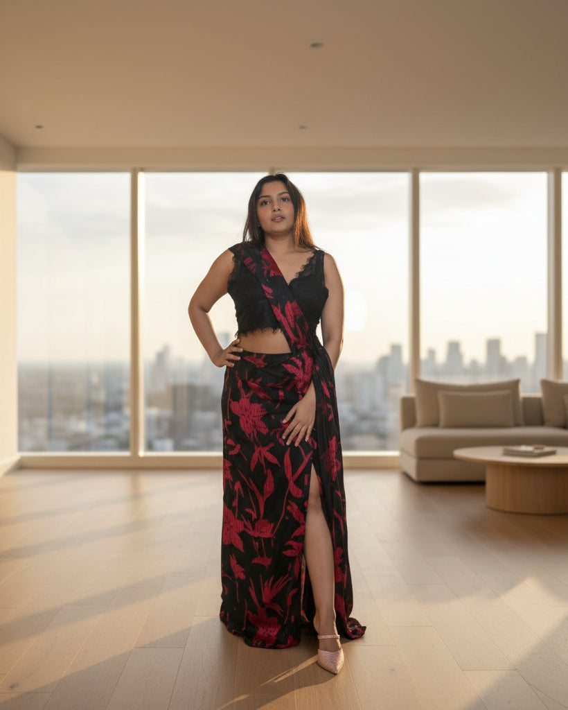 Woman in a black and red floral dress standing in a room with decorative plates on the wall.
