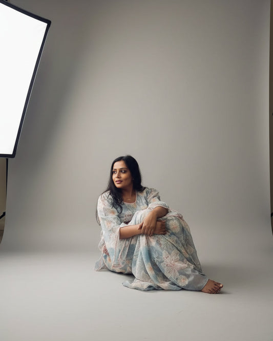 Pastel Floral Draped Dhoti Set with Slit Sleeve Top