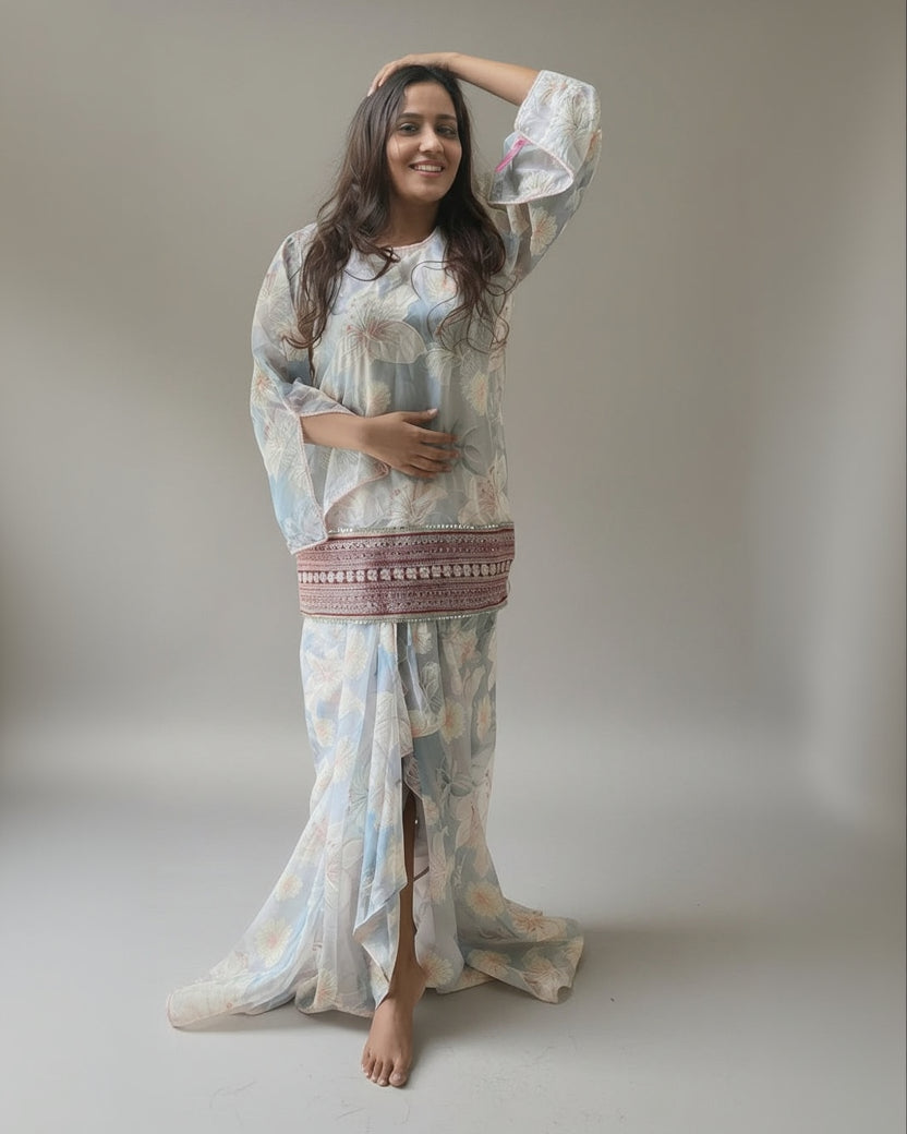 Pastel Floral Draped Dhoti Set with Slit Sleeve Top