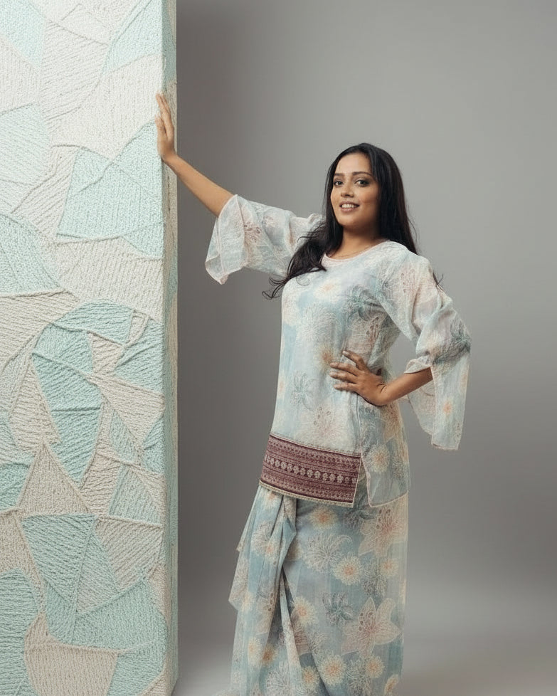 Pastel Floral Draped Dhoti Set with Slit Sleeve Top