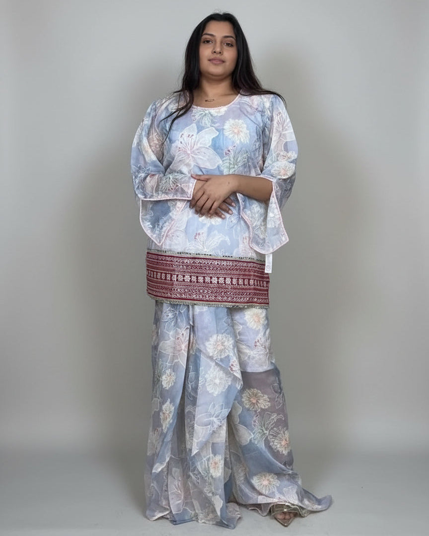 Pastel Floral Draped Dhoti Set with Slit Sleeve Top