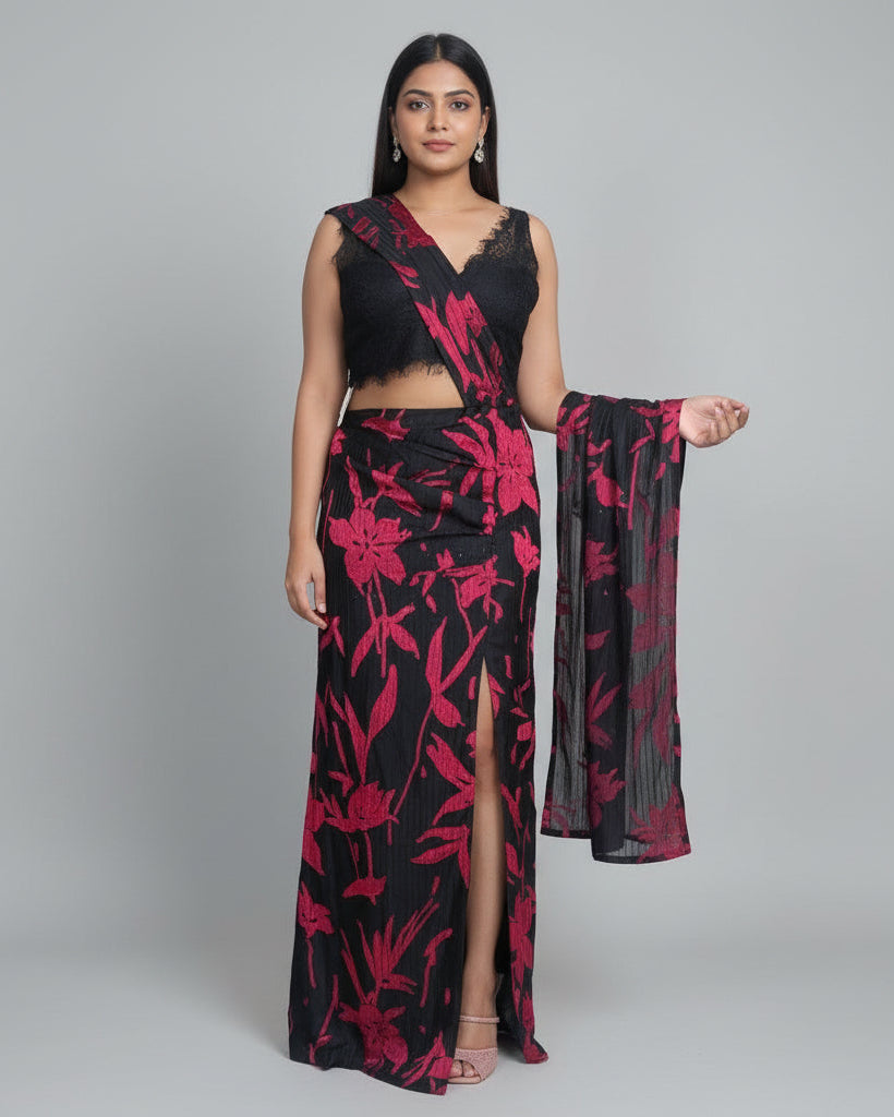 Person wearing a black and red floral outfit standing in a doorway.