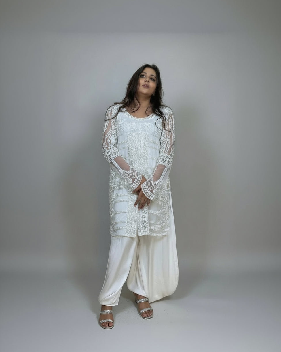 Ivory Embroidered Straight Kurta with Draped Dhoti Pants