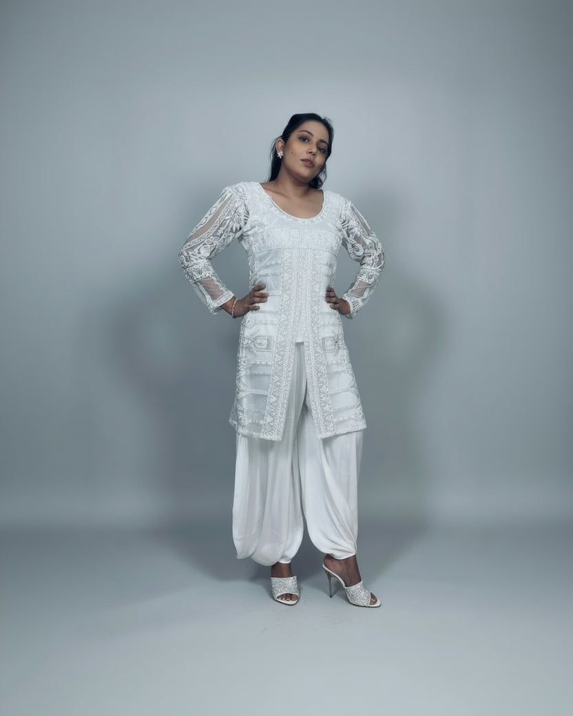 Ivory Embroidered Straight Kurta with Draped Dhoti Pants
