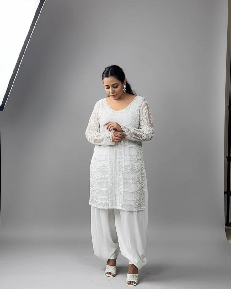 Ivory Embroidered Straight Kurta with Draped Dhoti Pants