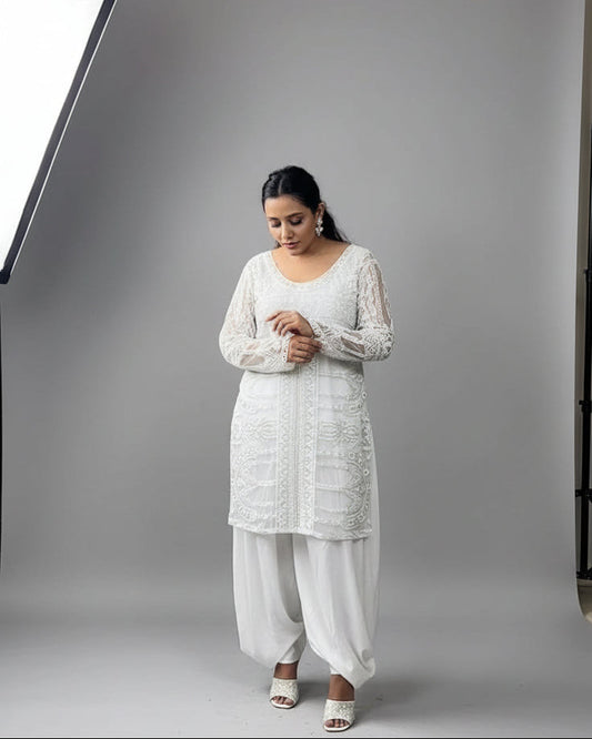 Ivory Embroidered Straight Kurta with Draped Dhoti Pants