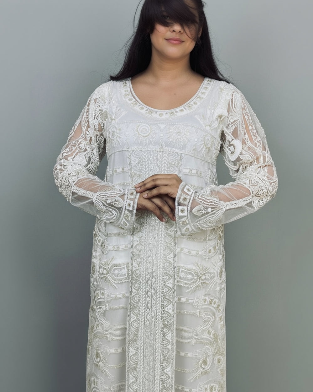Ivory Embroidered Straight Kurta with Draped Dhoti Pants