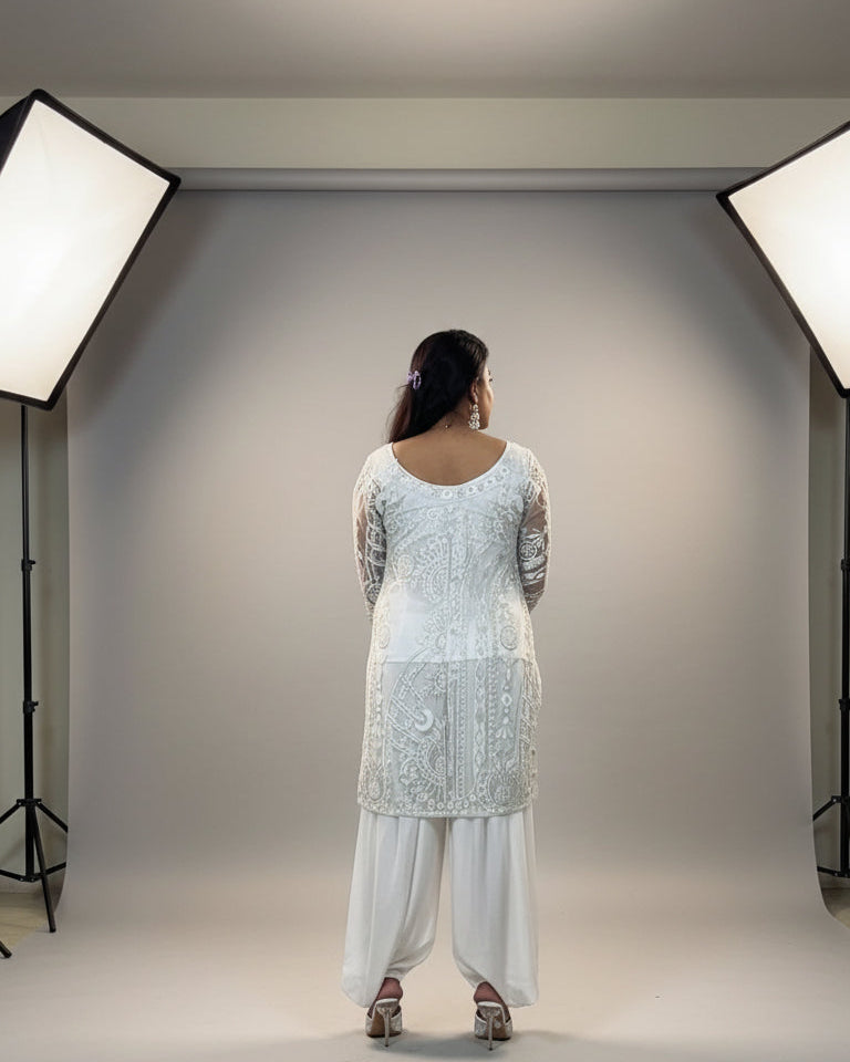 Ivory Embroidered Straight Kurta with Draped Dhoti Pants