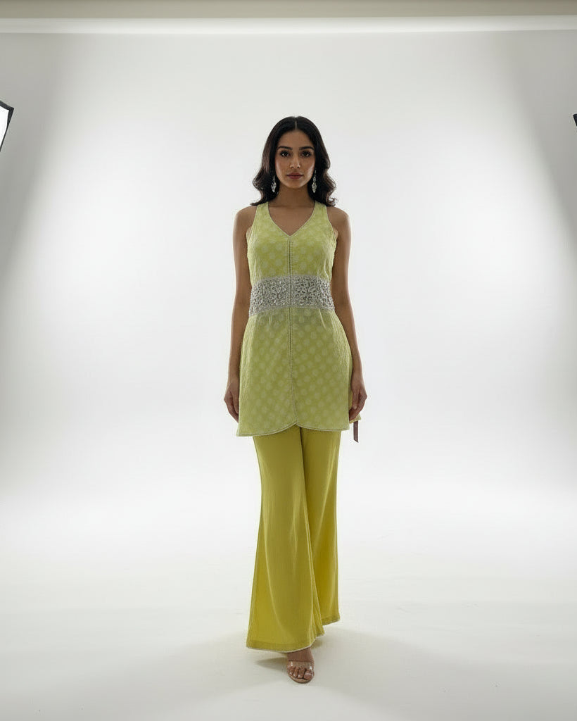 Polka Dot Halter Neck Kurti Set with Flared Palazzo Pants