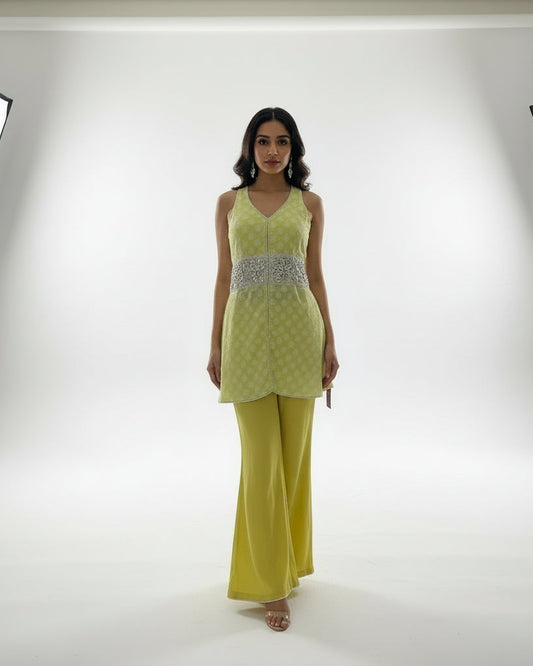 Polka Dot Halter Neck Kurti Set with Flared Palazzo Pants