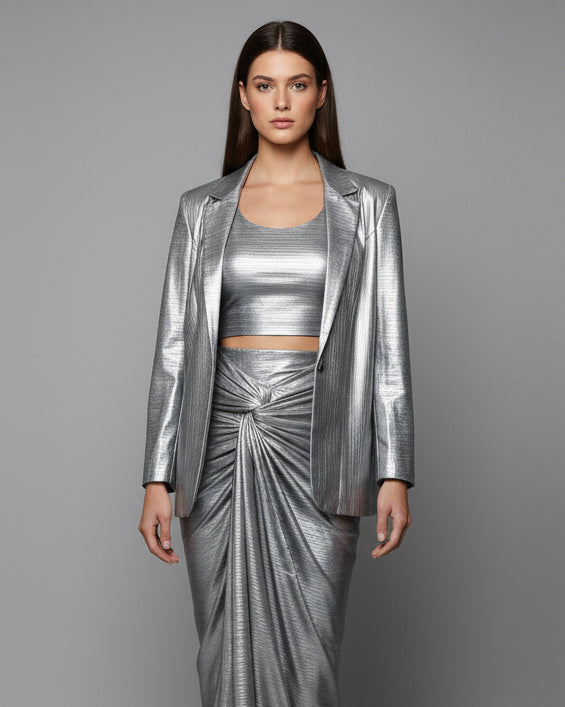 Mannequin wearing a silver metallic outfit in a room with a door and tiled floor.
