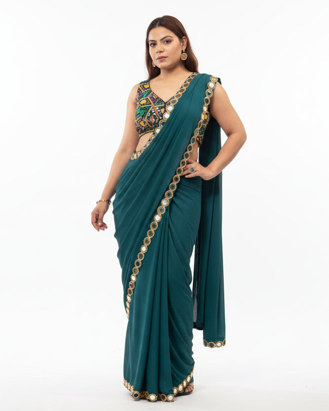 Emerald Green Mirror Work Saree