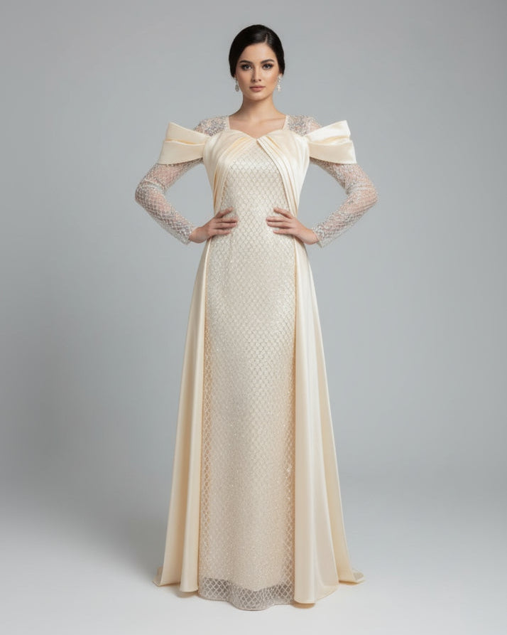 Embellished Cape Gown with Bow Sleeves