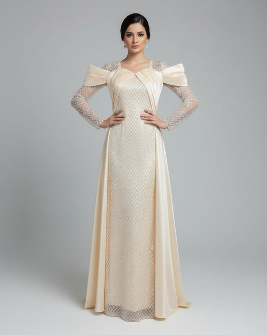 Embellished Cape Gown with Bow Sleeves