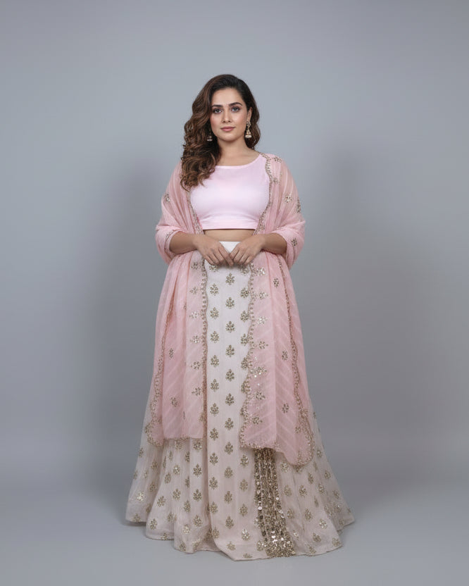 Pastel Pink Embroidered Lehenga Set Sleeveless Blouse & Ethnic Coat