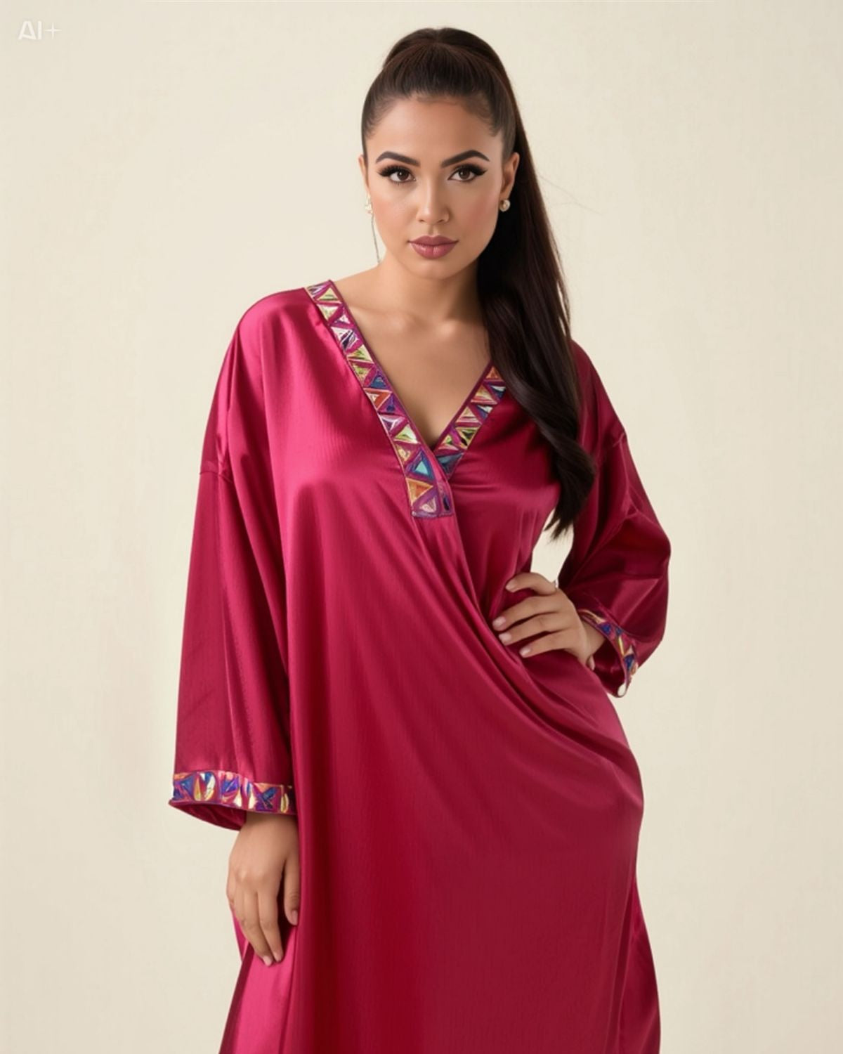 Embroidered Satin Kaftan Dress