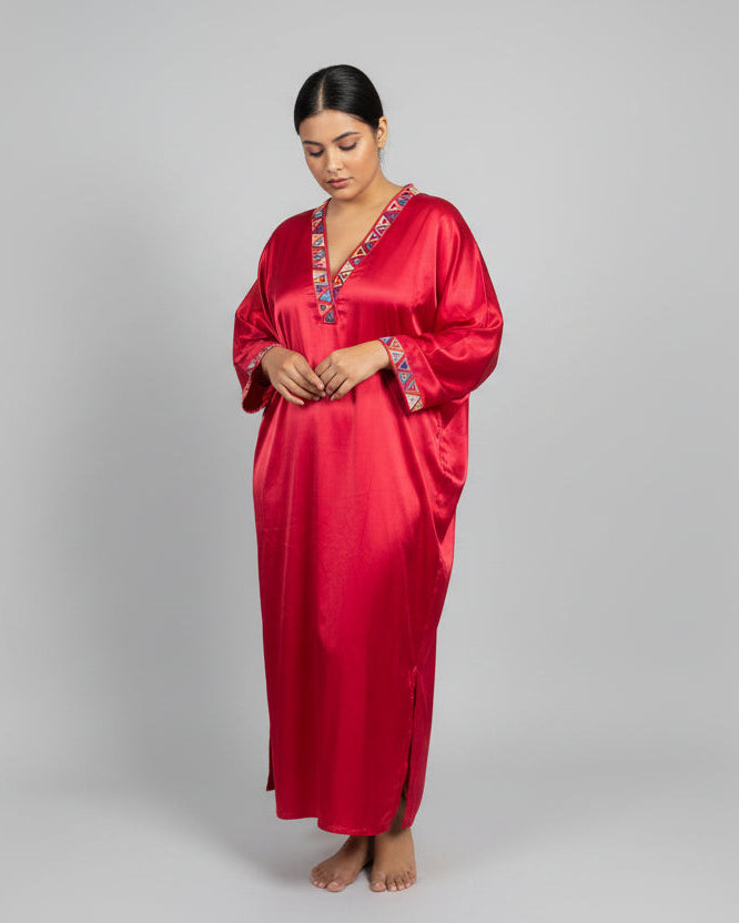 Embroidered Satin Kaftan Dress