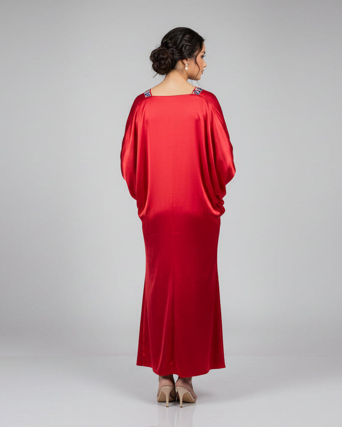 Embroidered Satin Kaftan Dress