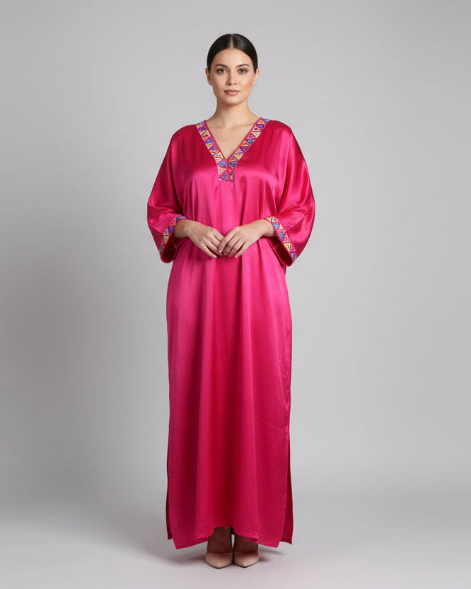 Embroidered Satin Kaftan Dress
