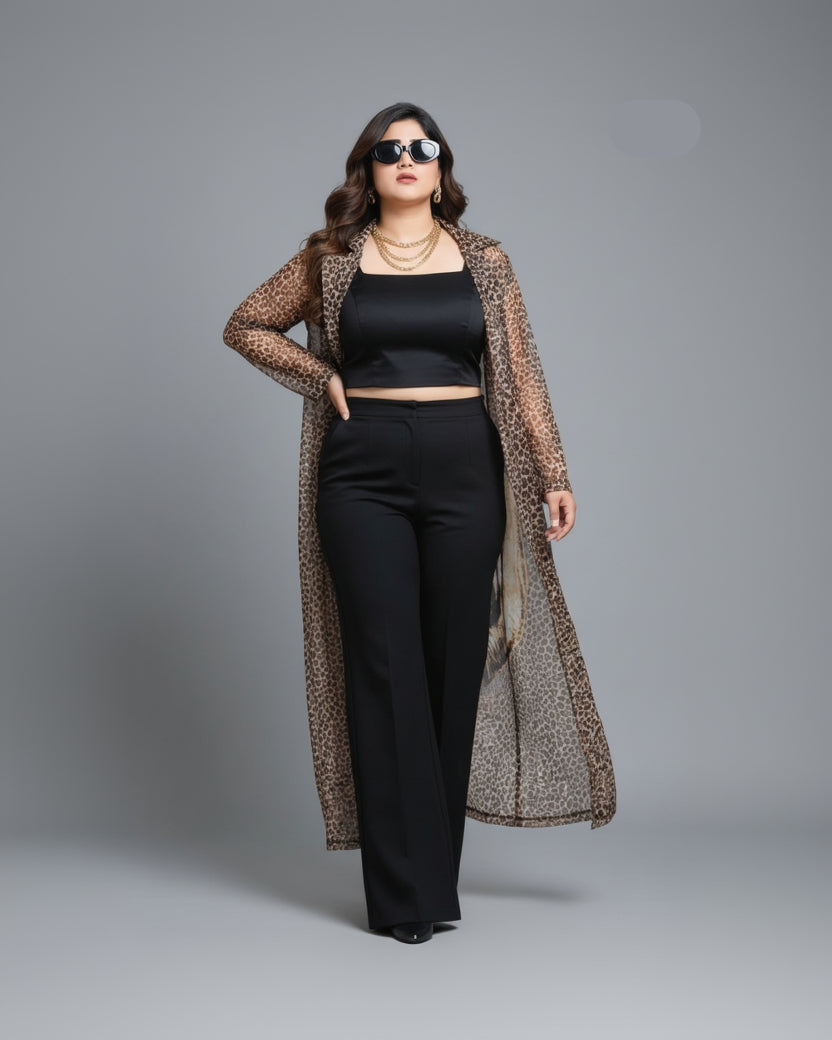 Indo-Western Black Satin Co-Ord Set with leopard Printed Shrug