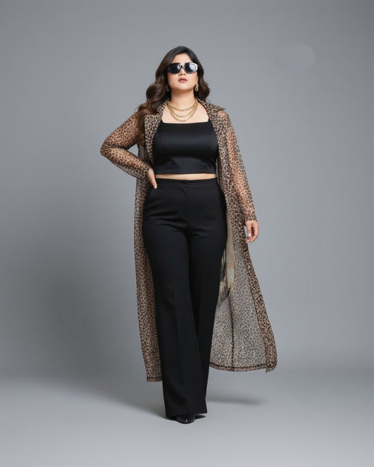 Indo-Western Black Satin Co-Ord Set with leopard Printed Shrug