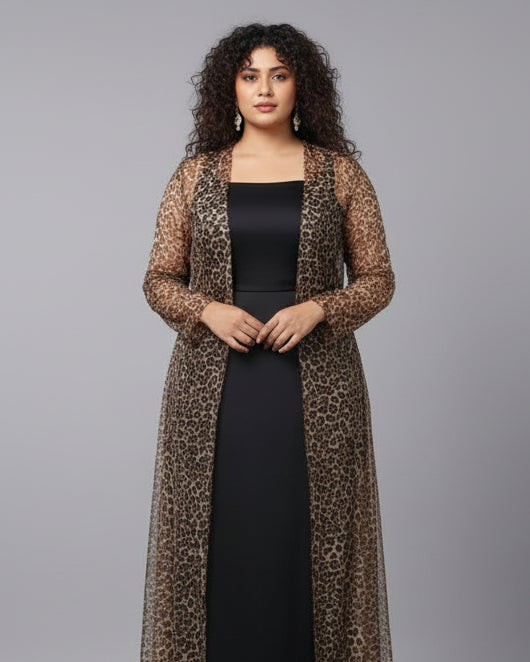 Indo-Western Black Satin Co-Ord Set with leopard Printed Shrug