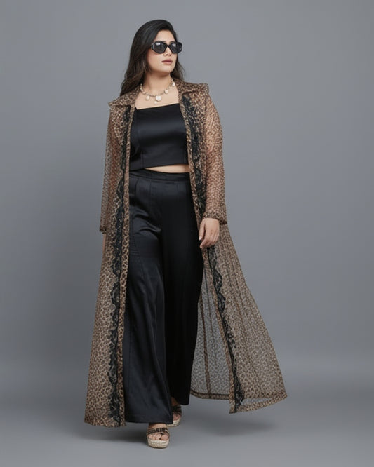 Indo-Western Black Satin Co-Ord Set with leopard Printed Shrug