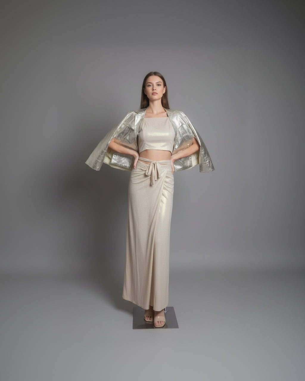Metallic Blazer with Draped Skirt Set