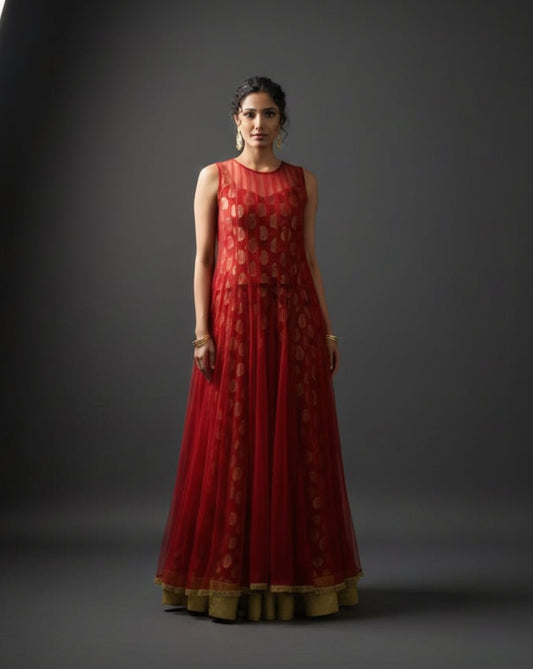 Crimson & Gold Sheer-Overlay Three-Piece Gown Set