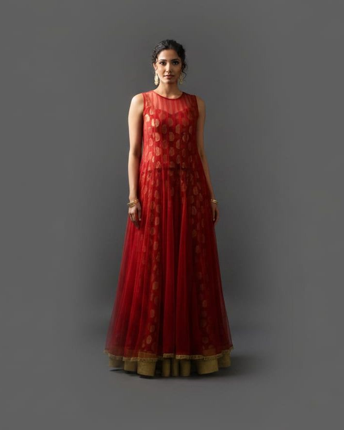 Crimson & Gold Sheer-Overlay Three-Piece Gown Set