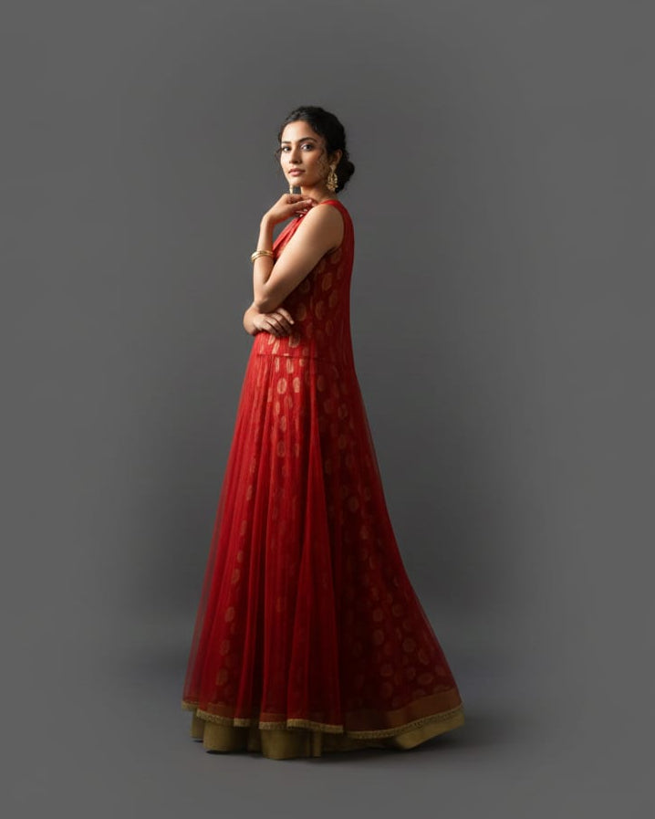 Crimson & Gold Sheer-Overlay Three-Piece Gown Set