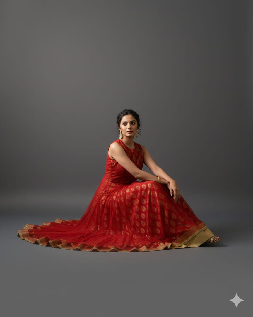 Crimson & Gold Sheer-Overlay Three-Piece Gown Set