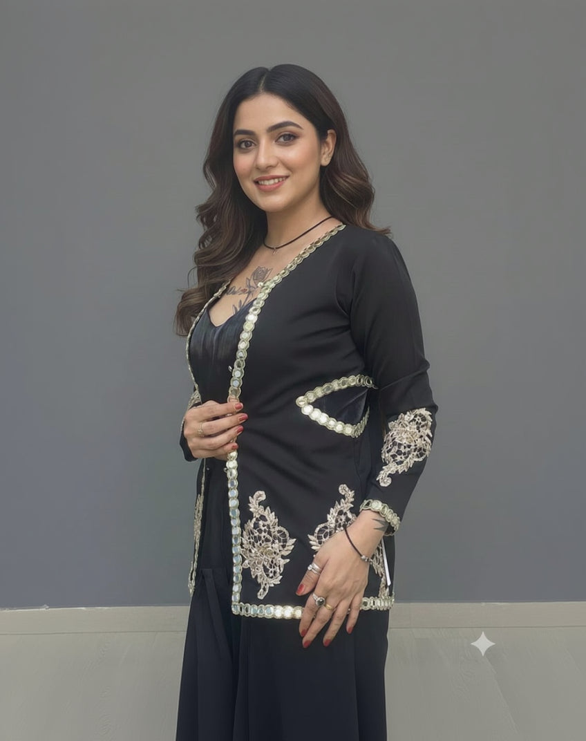 Embroidered Jacket Style Three-Piece Fusion Co-ord Set