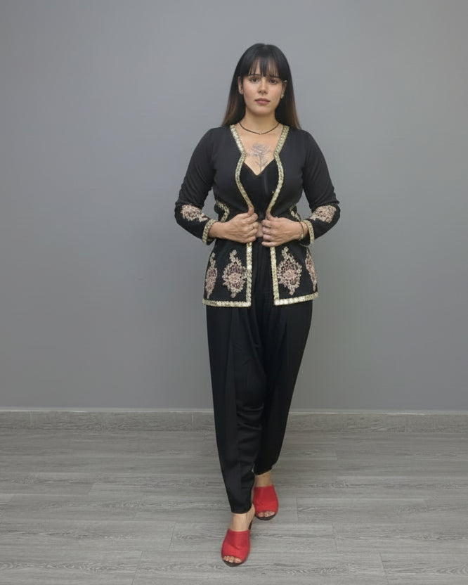 Embroidered Jacket Style Three-Piece Fusion Co-ord Set