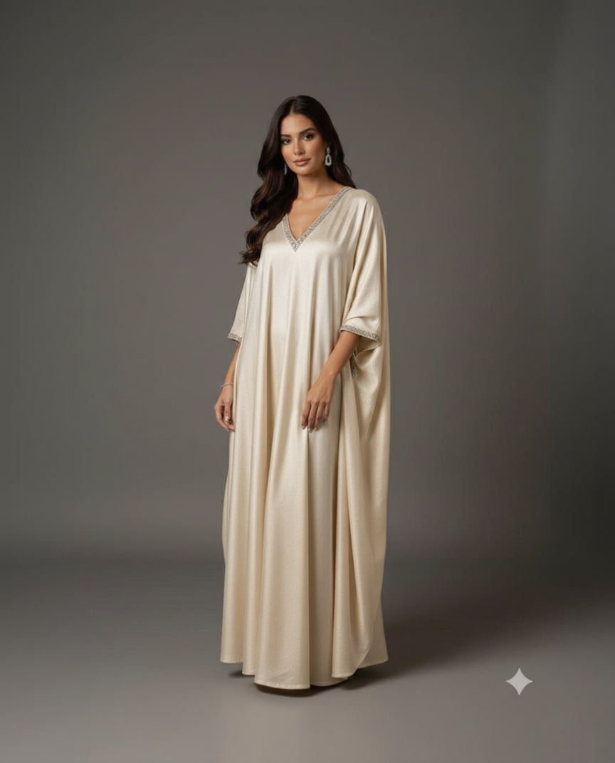 Ivory Silk Shimmer Kaftan with Hand-Embellished Crystal V-Neckline