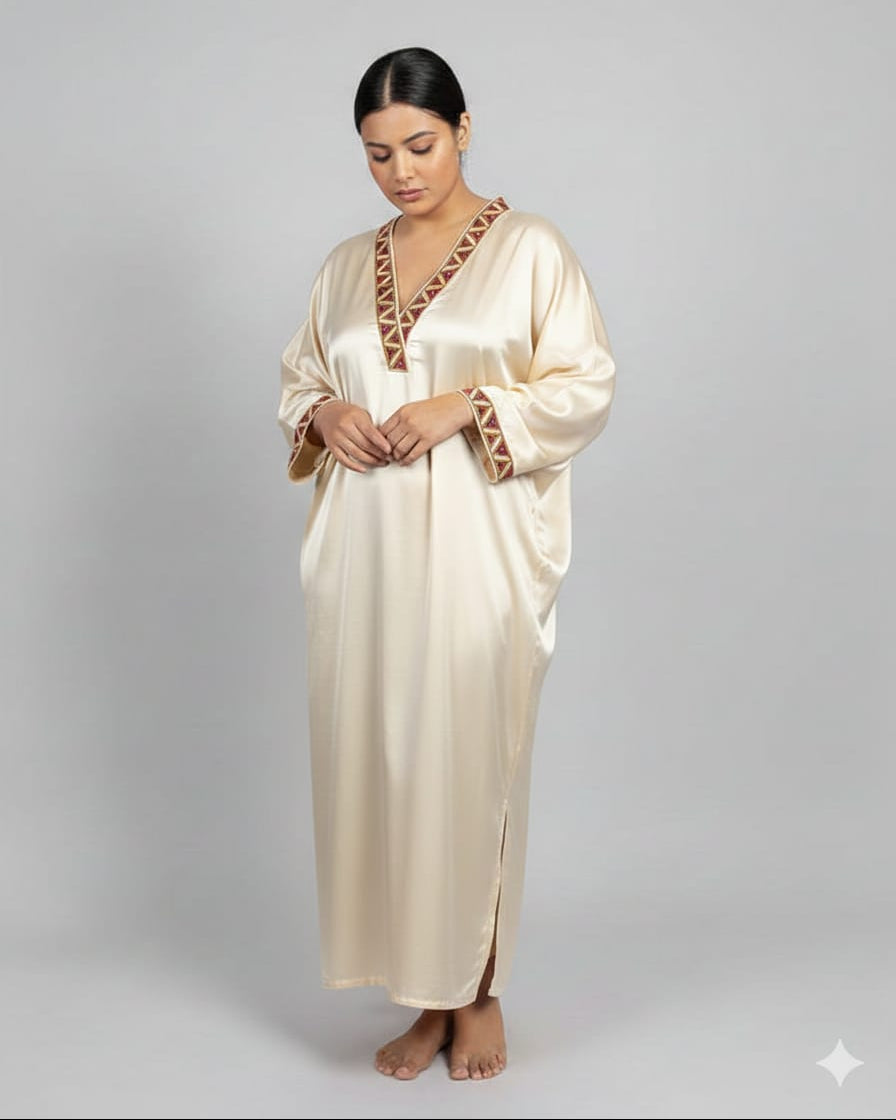 Woman wearing a long, cream-colored satin nightgown with brown embroidery on a gray background