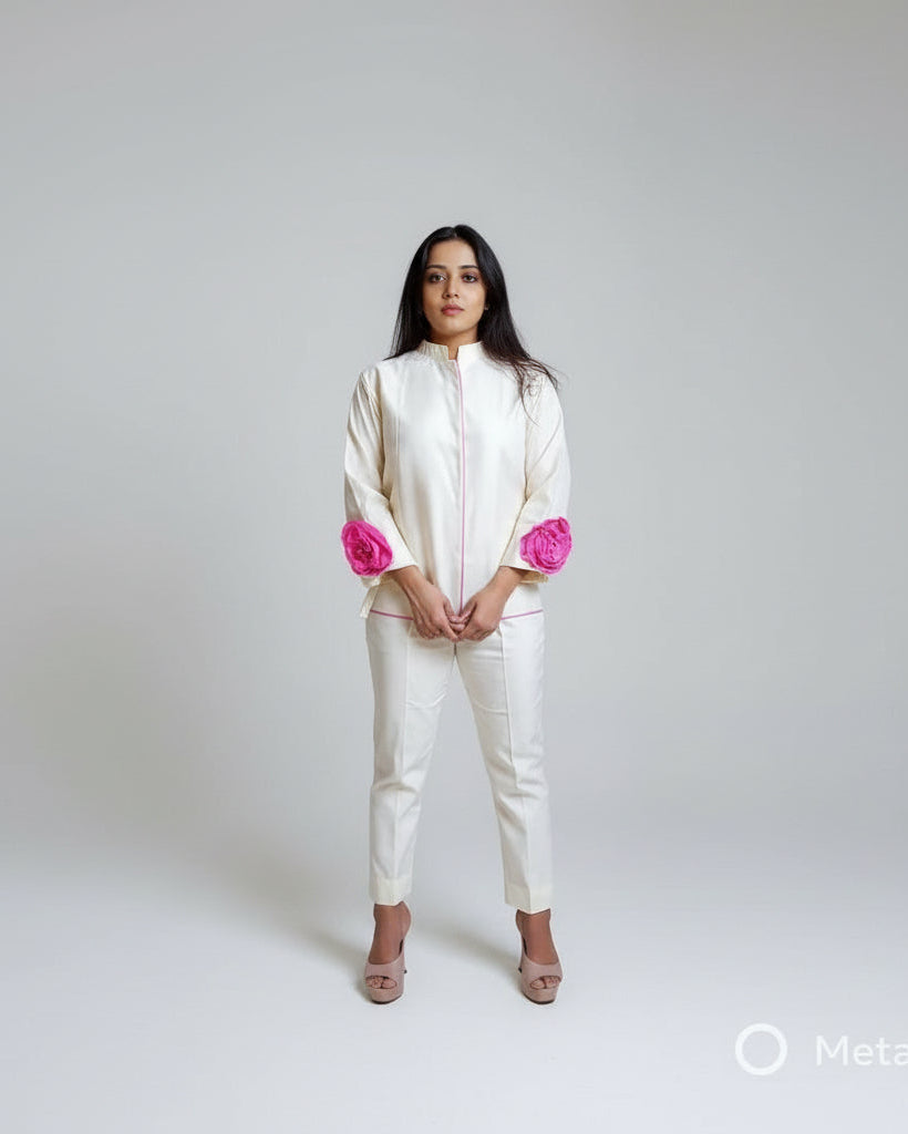 Woman wearing a white outfit with pink accents against a plain background