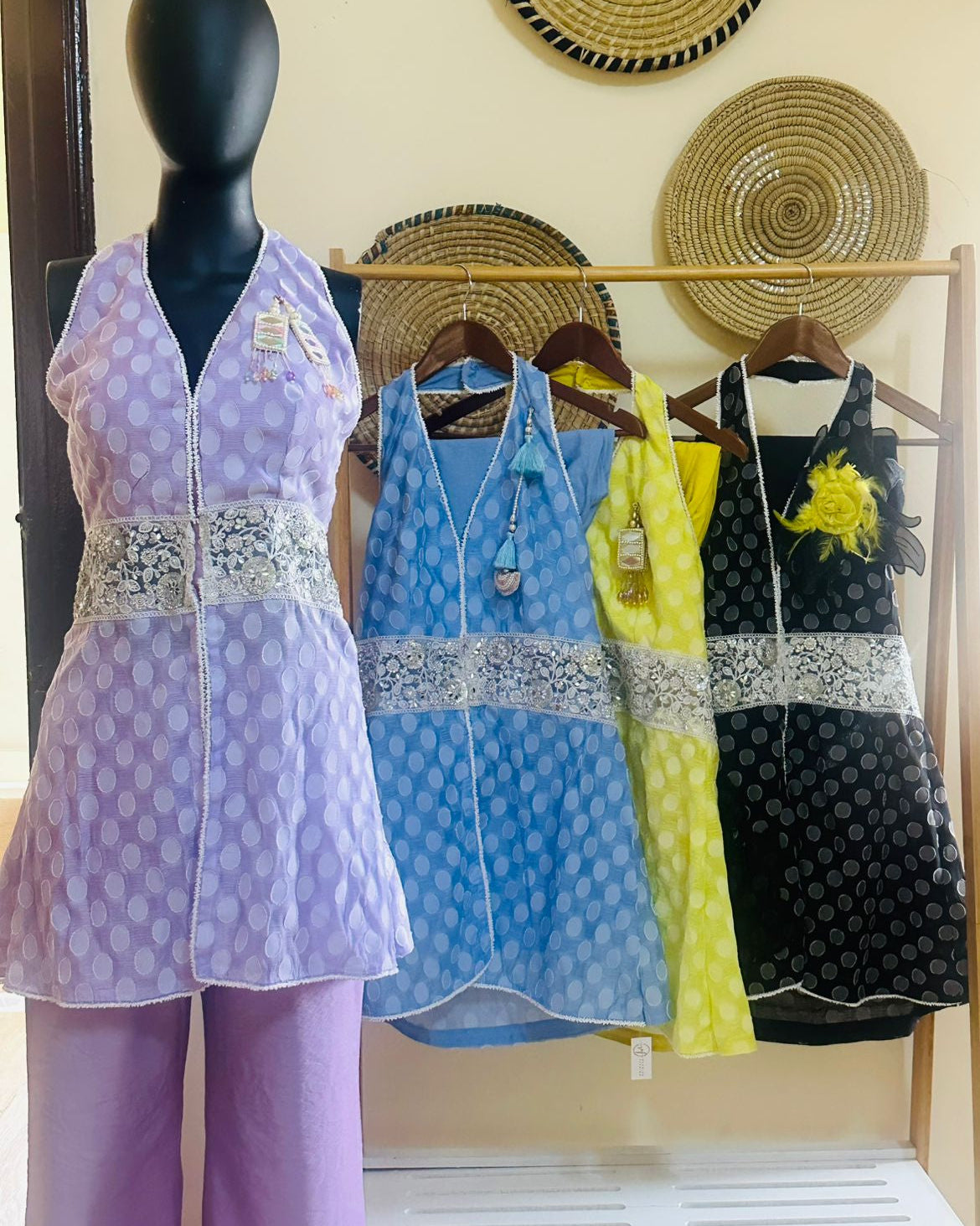 Polka Dot Halter Neck Kurti Set with Flared Palazzo Pants