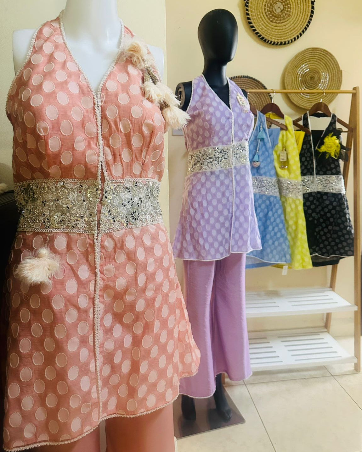 Polka Dot Halter Neck Kurti Set with Flared Palazzo Pants