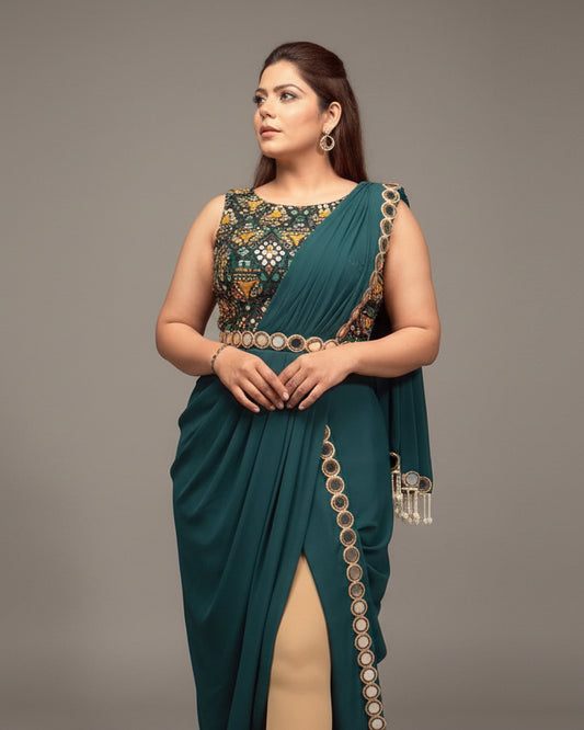 Emerald Green Mirror Work Saree