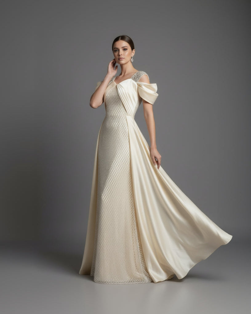 Embellished Cape Gown with Bow Sleeves