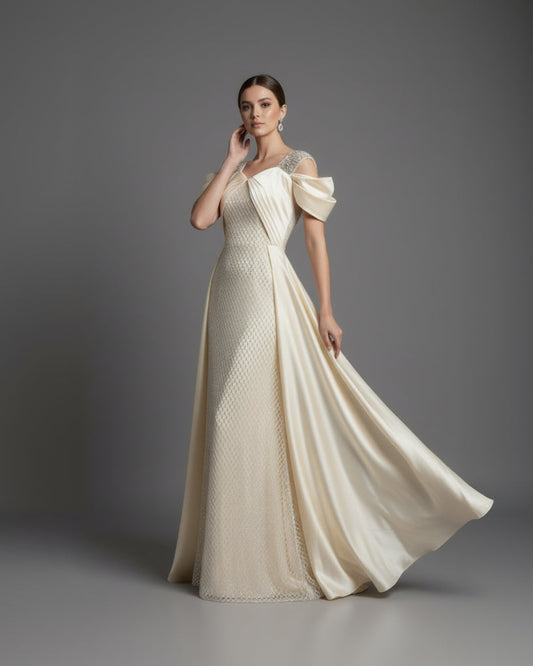 Embellished Cape Gown with Bow Sleeves