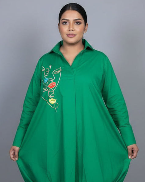 Women Black Abstract Face Embroidered Shirt Dress